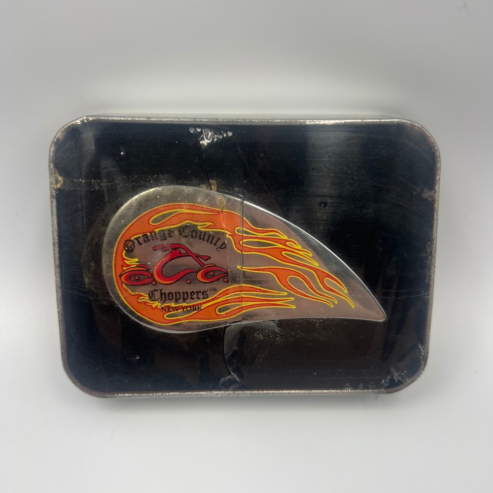 Vintage Orange County‎ Choppers Lighter 2004 New in Tin Gas Tank Flames Silver